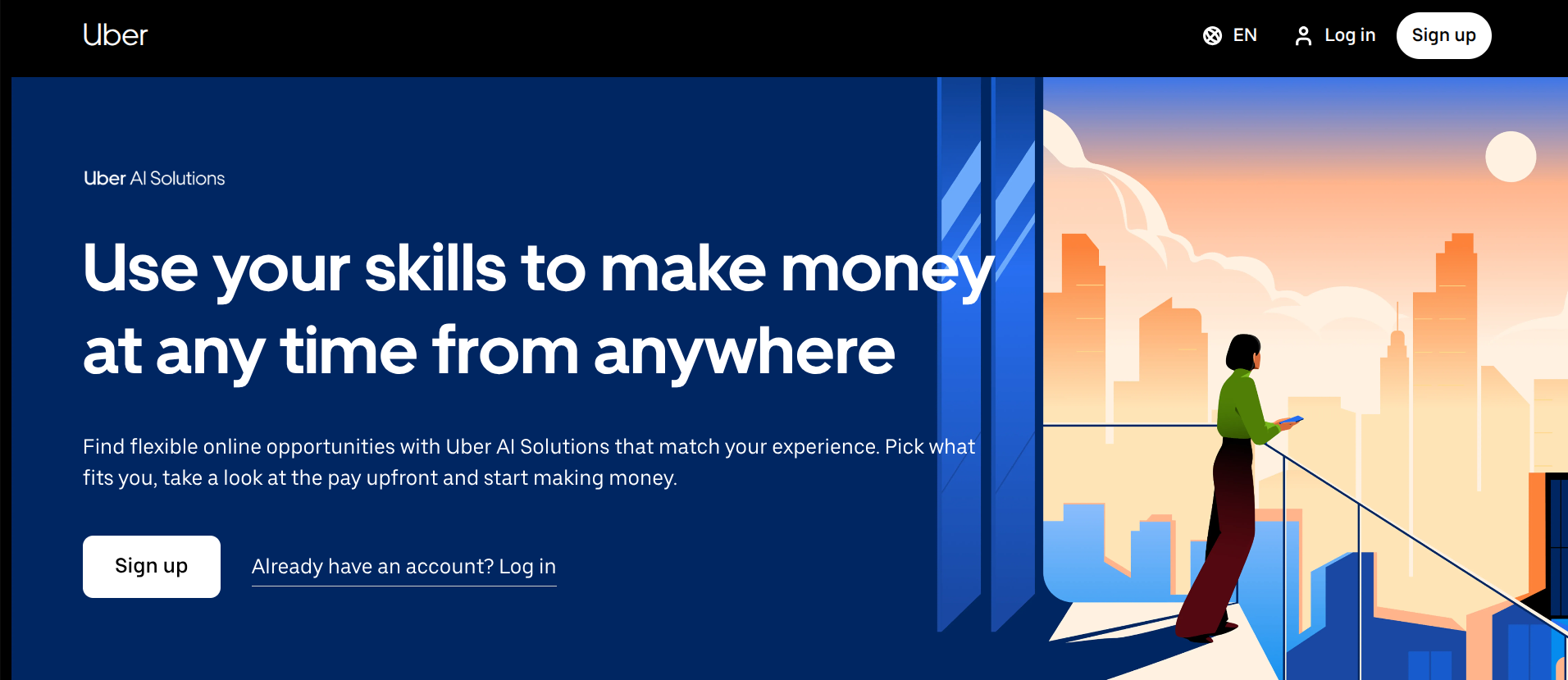 Uber AI Solutions page showing flexible online opportunities beyond driving