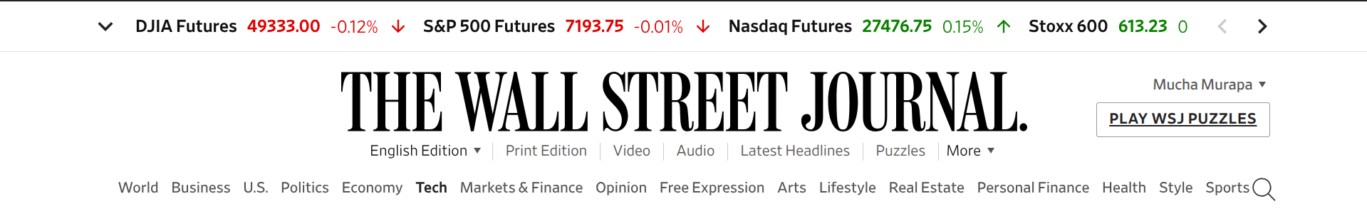 The Wall Street Journal masthead and section header
