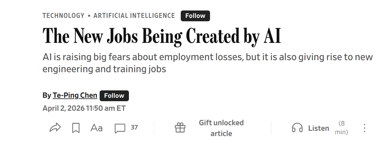 Wall Street Journal article headline: The New Jobs Being Created by AI