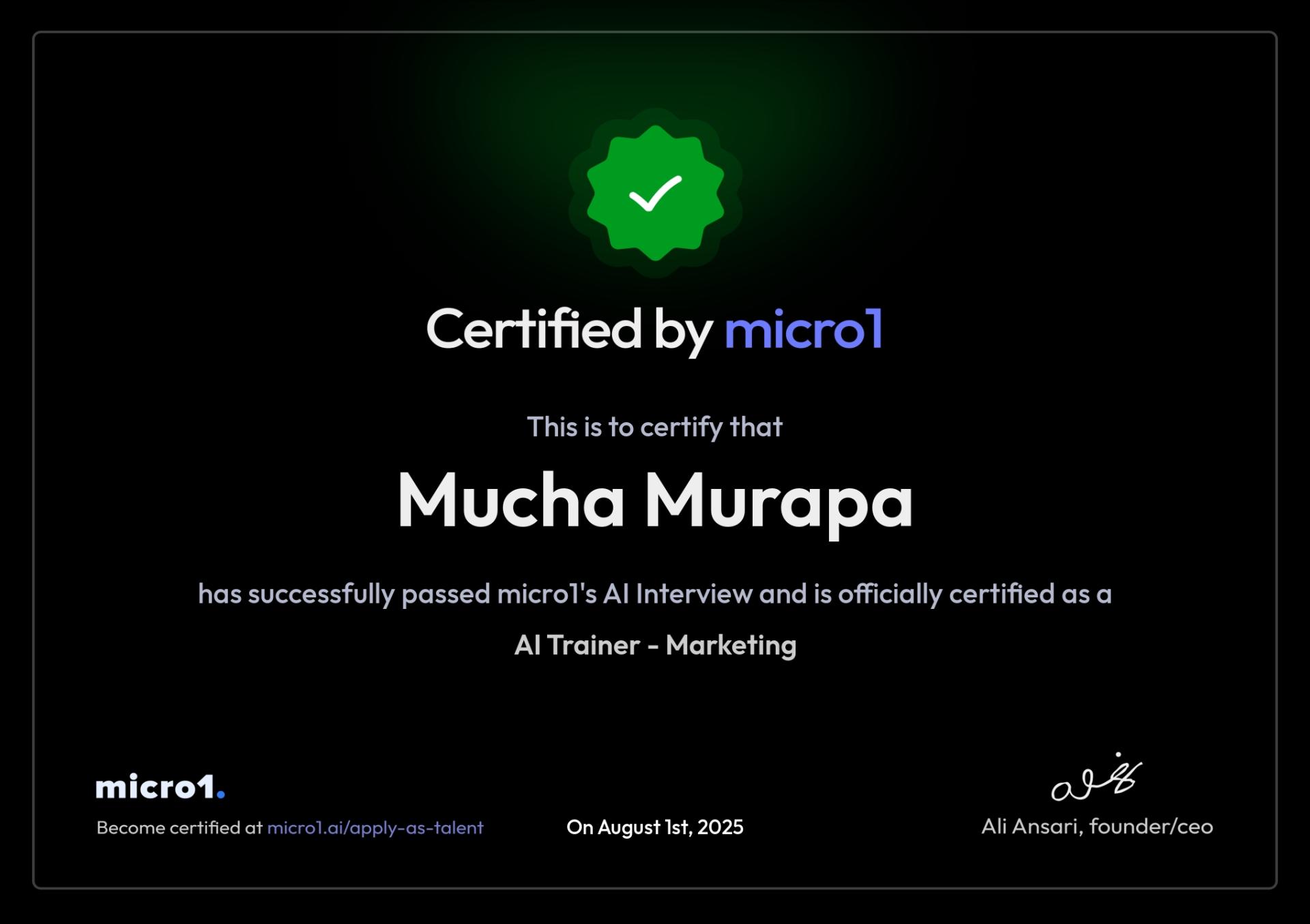 micro1 certification for Mucha Murapa as an AI Trainer in Marketing